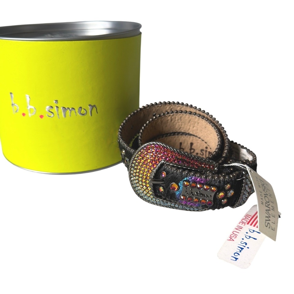 BB Simon‎ Skinny Volcano Swarovski Crystal Pony Hair Belt Rainbow 38 KC NWT